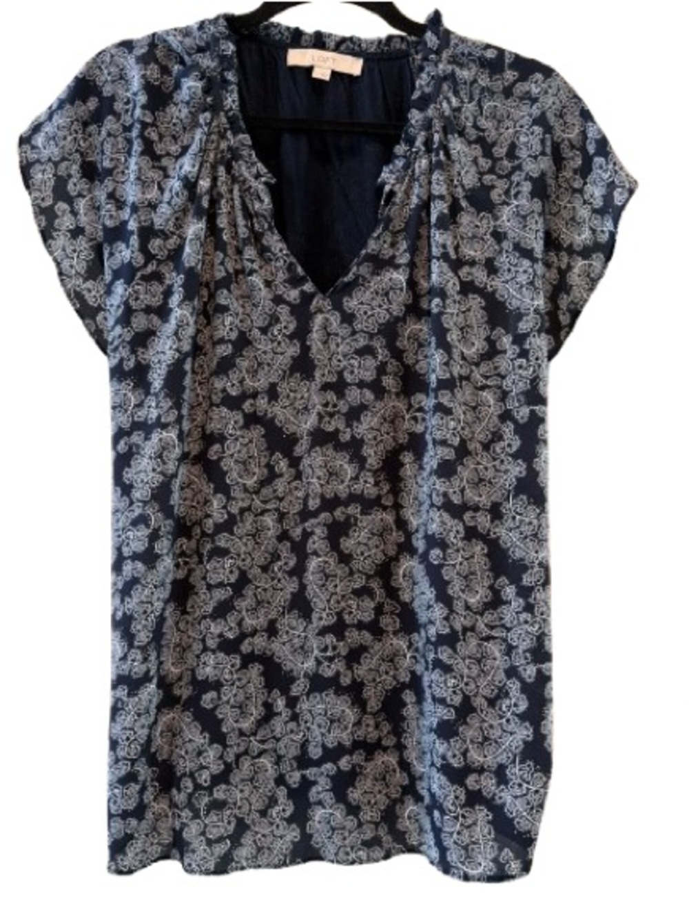 LOFT Navy and White Floral V-Neck Top L